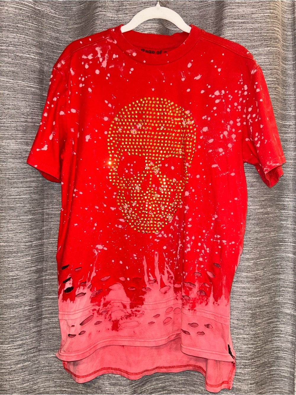 Men's Red Short-Sleeve Skull Tee with Gold Stud  and Detail Size Large